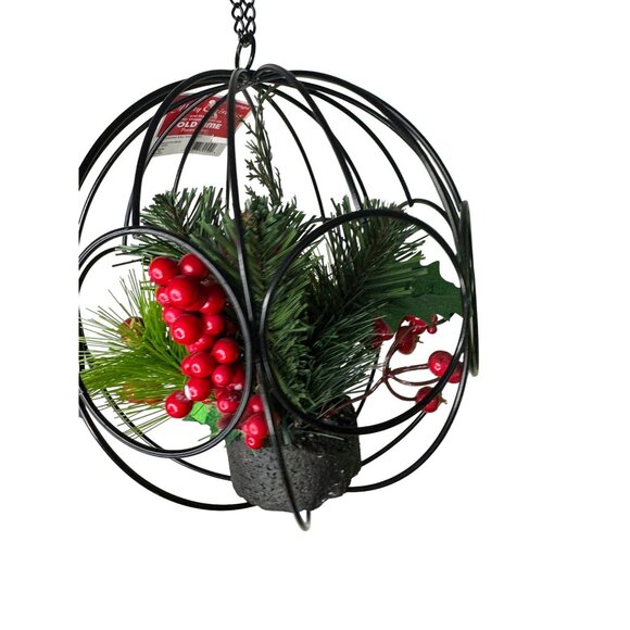 9" Hanging Ball With Artificial Pine & Berry Arrangement In Black Metal Cage Des - Picture 11 of 11